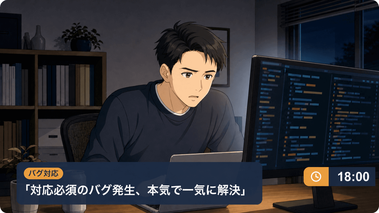 夜に発生した必須対応のバグを解決する現場のイメージ